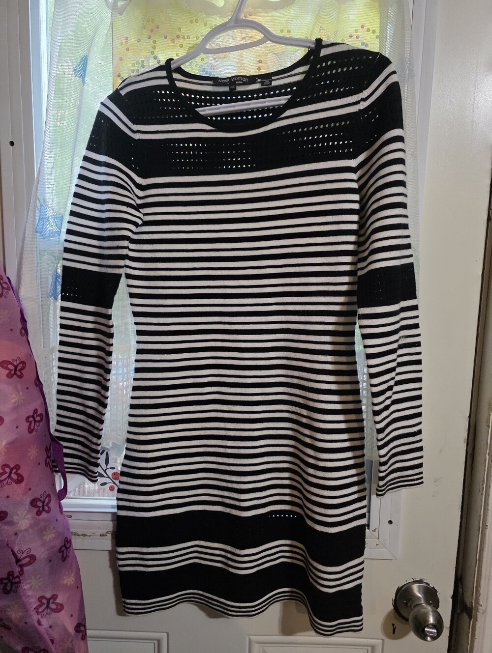 Black & White Striped Knit Tunic Sweater Dress